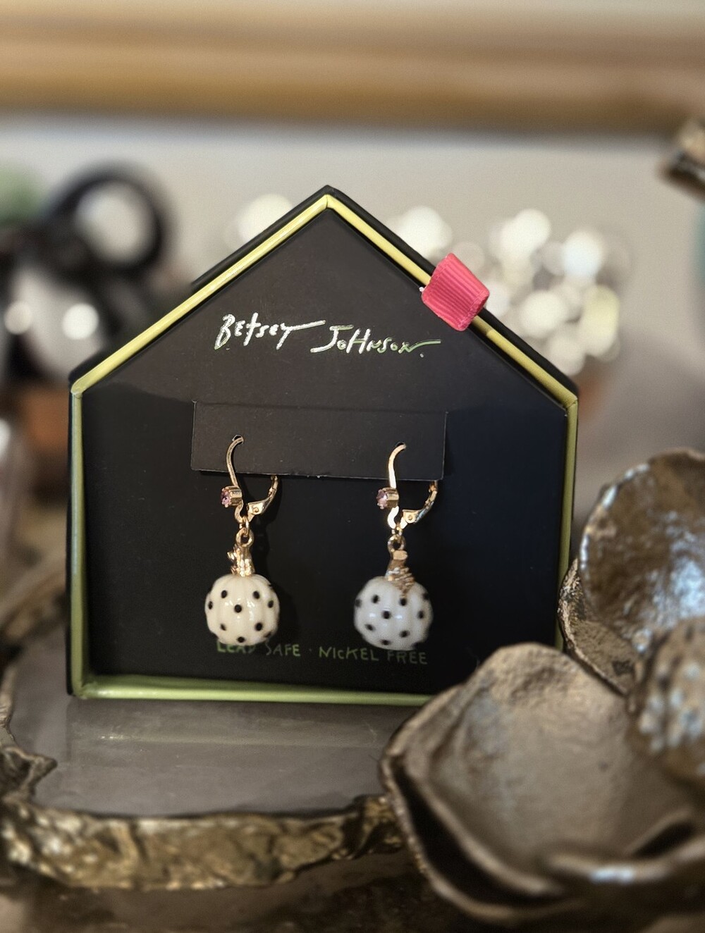 Betsey Johnson White and Black Polka Dot Pumpkin Drop Earrings